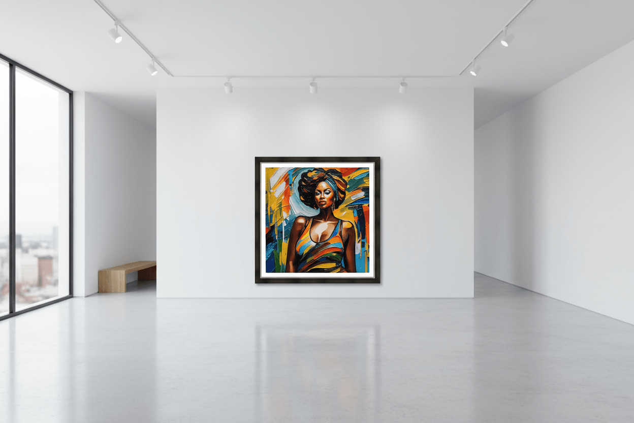 Abstract portrait wall art with a framed stylized woman in blue, orange, and yellow tones.