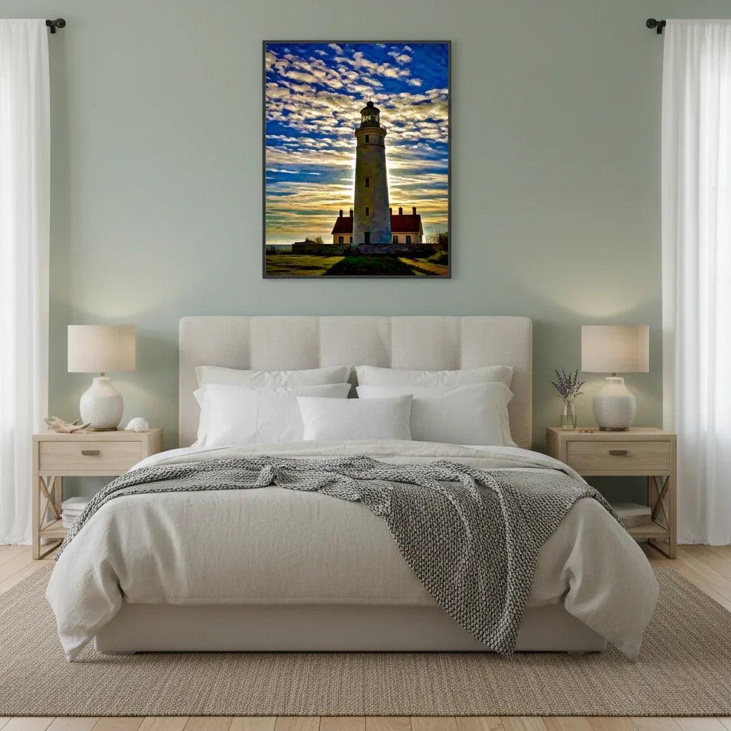 Framed lighthouse wall art featuring a lighthouse tower with a glowing horizon
