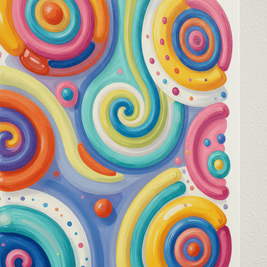 Close-up abstract swirl wall art with bright multicolor spiral rings and dots