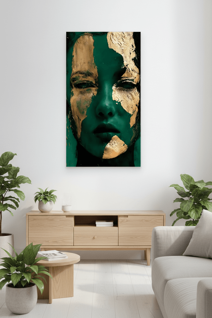 Unframed face portrait wall art in deep teal with gold highlights