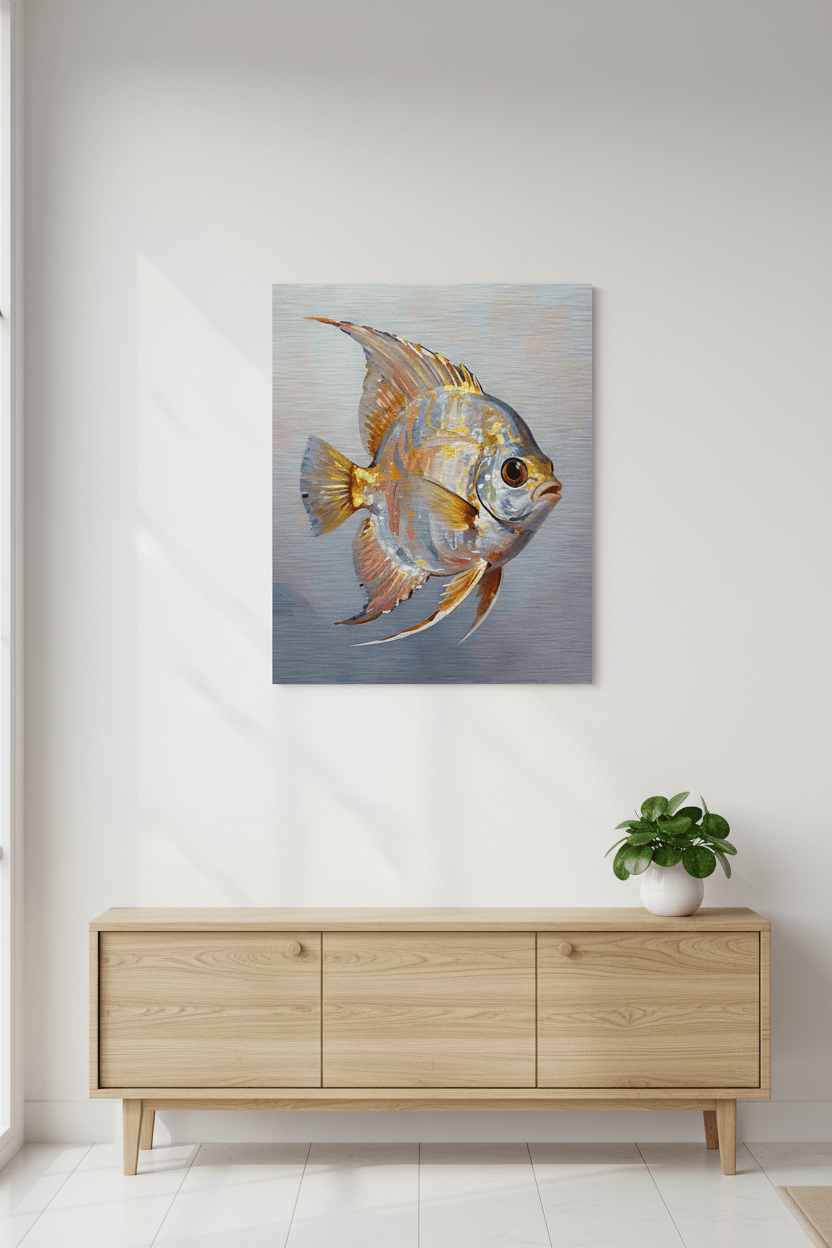 Tropical fish metal print with a pufferfish design in orange, blue, and cream tones.