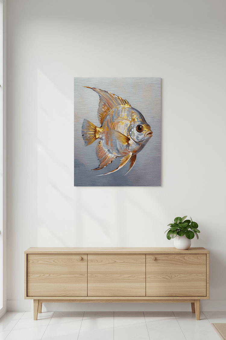 Tropical fish metal print with a pufferfish design in orange, blue, and cream tones.