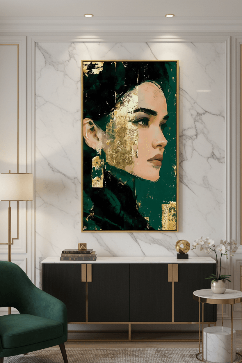 Framed portrait wall art of side-profile face in teal green with gold textured paint