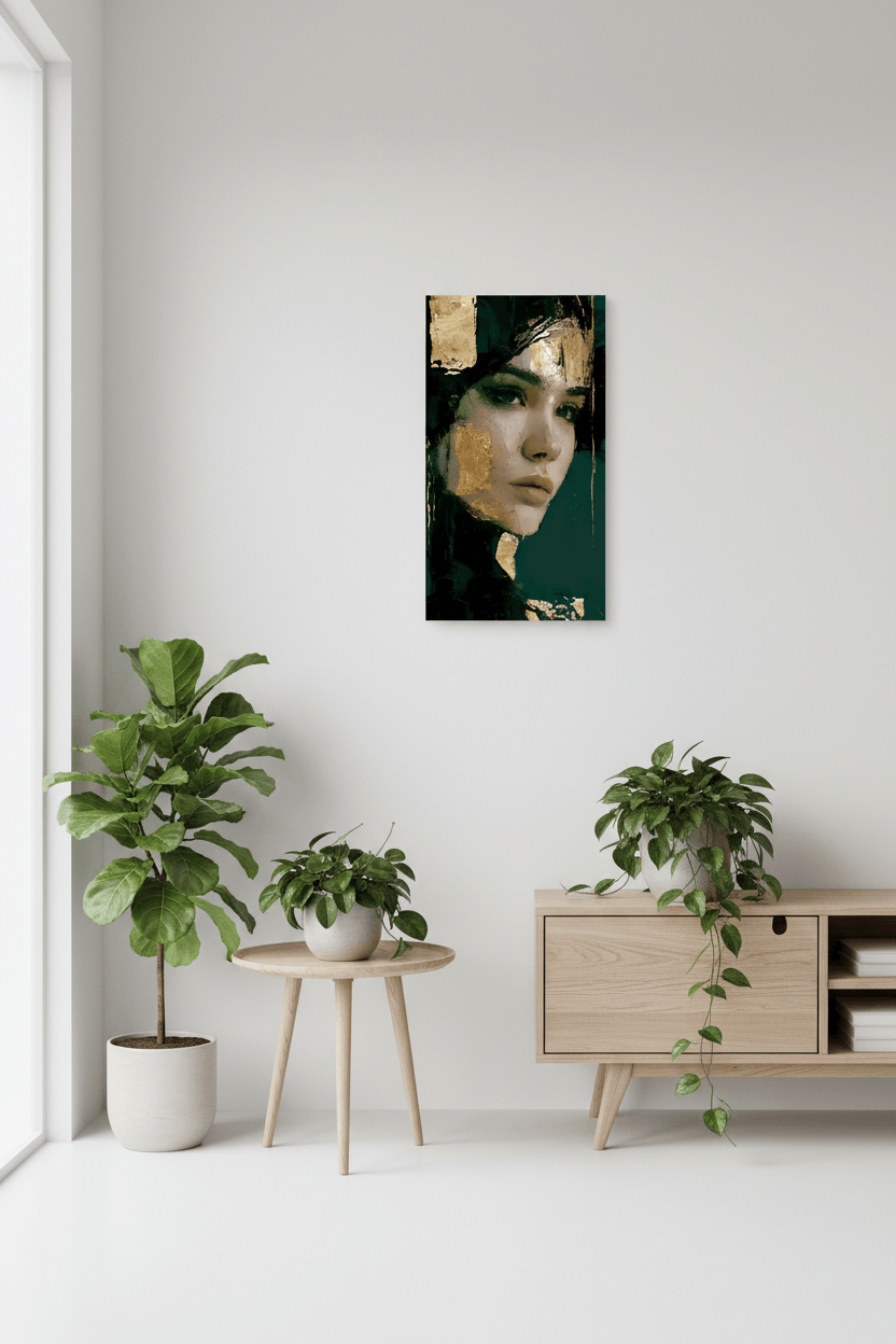Small framed wall portrait of an abstract woman face in gold and deep green tones.