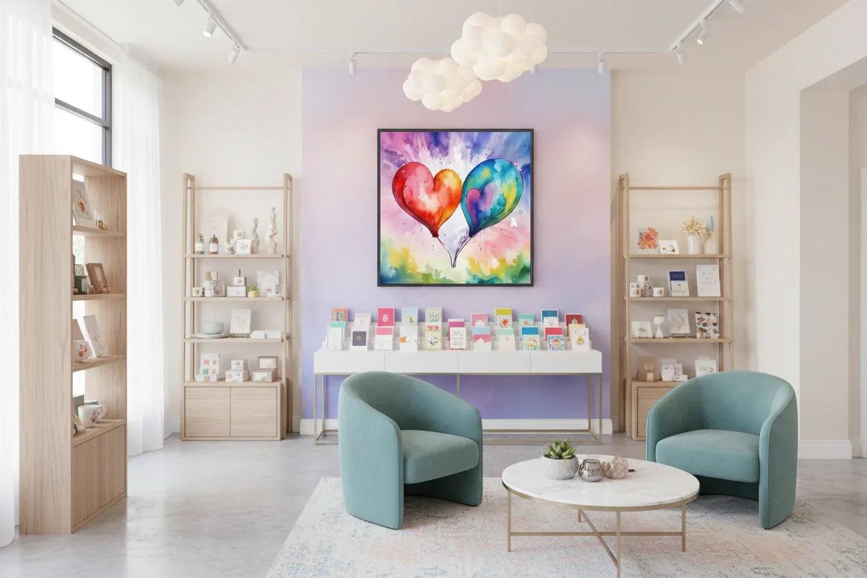 Framed watercolor wall art featuring three heart-shaped balloons in bright colors