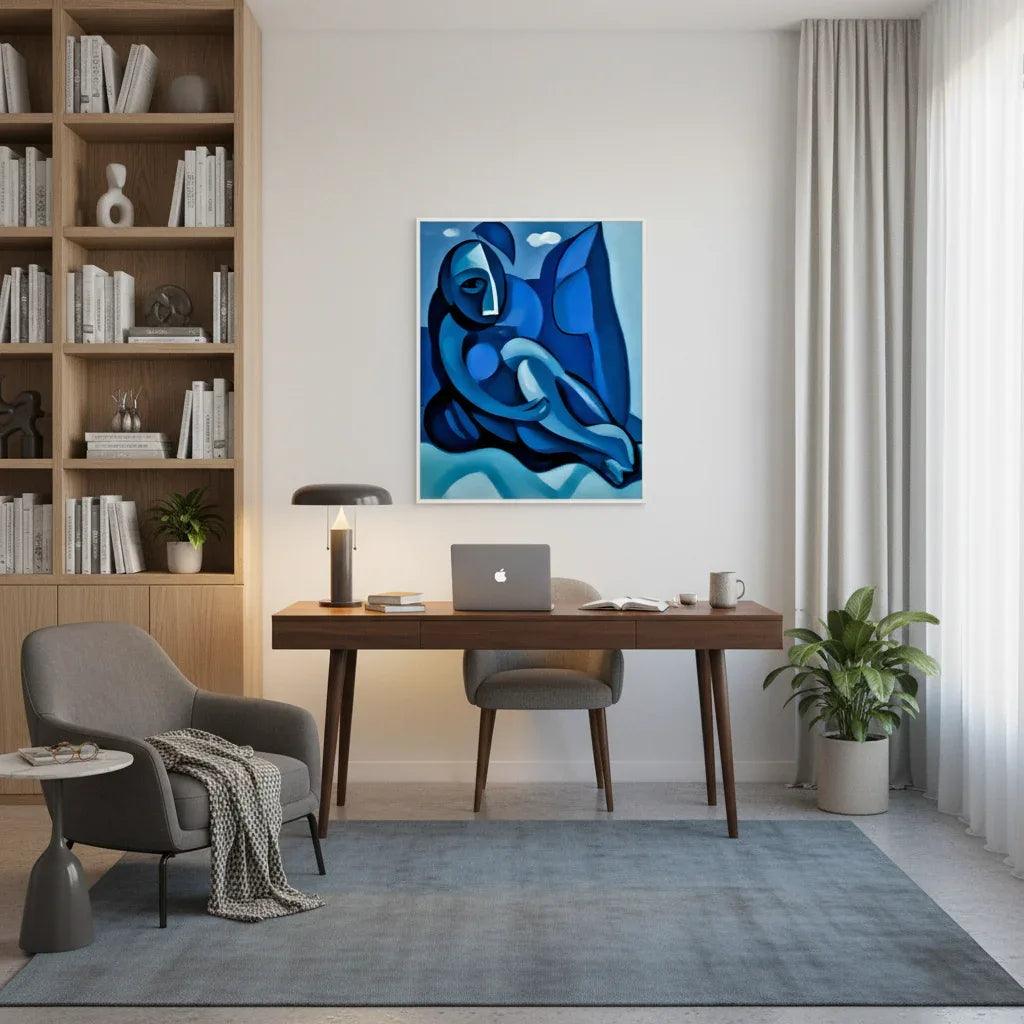 Abstract blue figure artwork showing a reclining figure and dark outlines on a blue background.