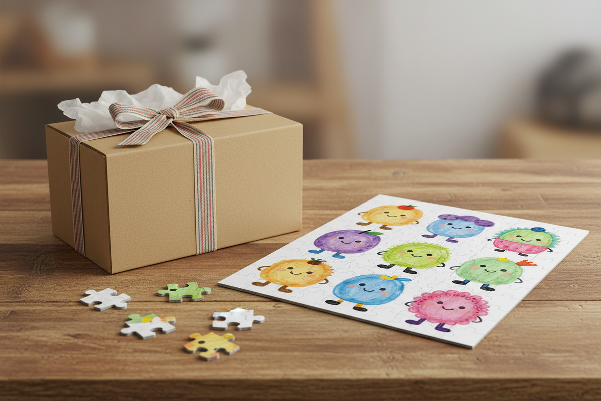 Colorful cartoon fruit 120-piece jigsaw puzzle beside an unbranded gift box with ribbon