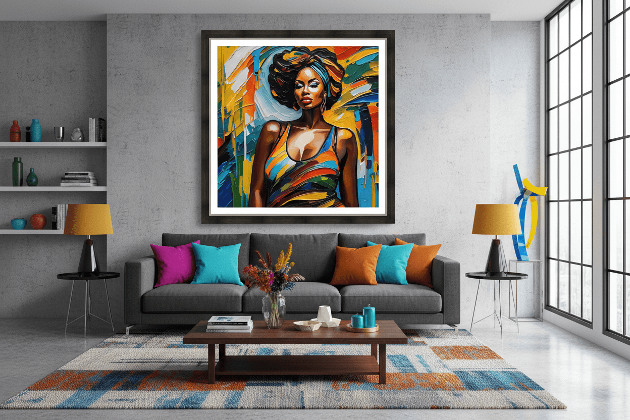 Framed abstract portrait print of a stylized woman with colorful stripes and bold colors.
