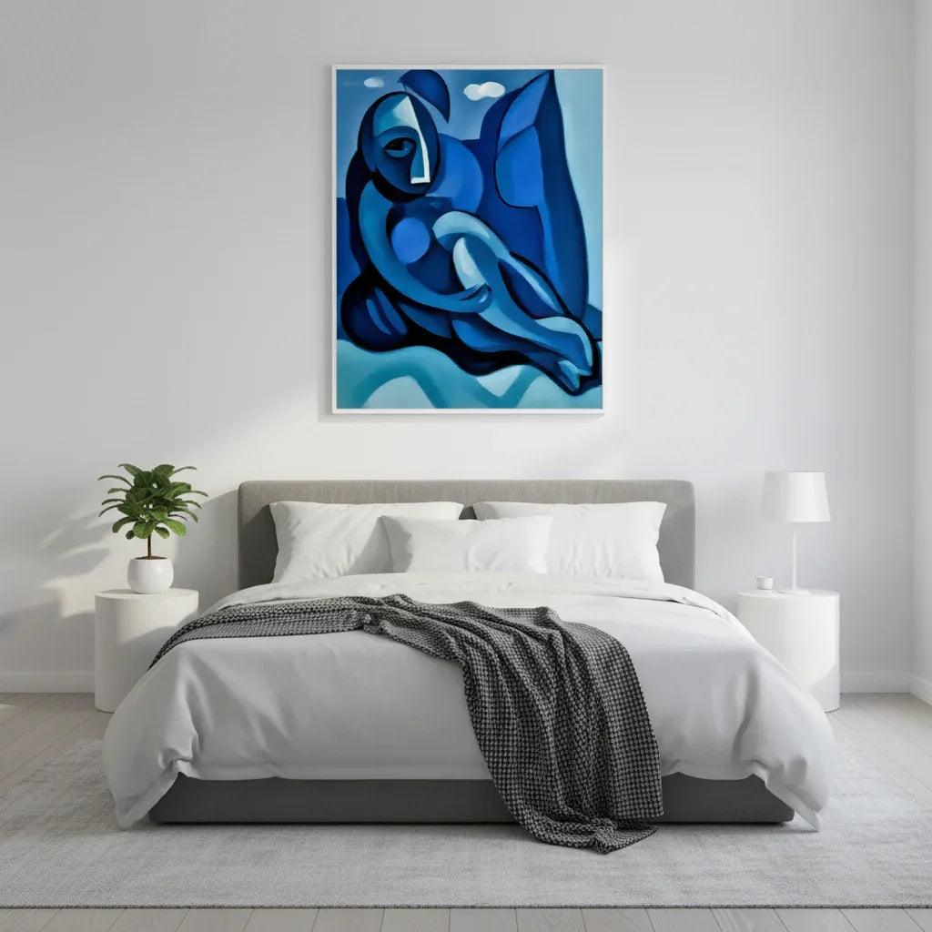 Abstract blue figure painting with reclining body shapes, set in a light border.