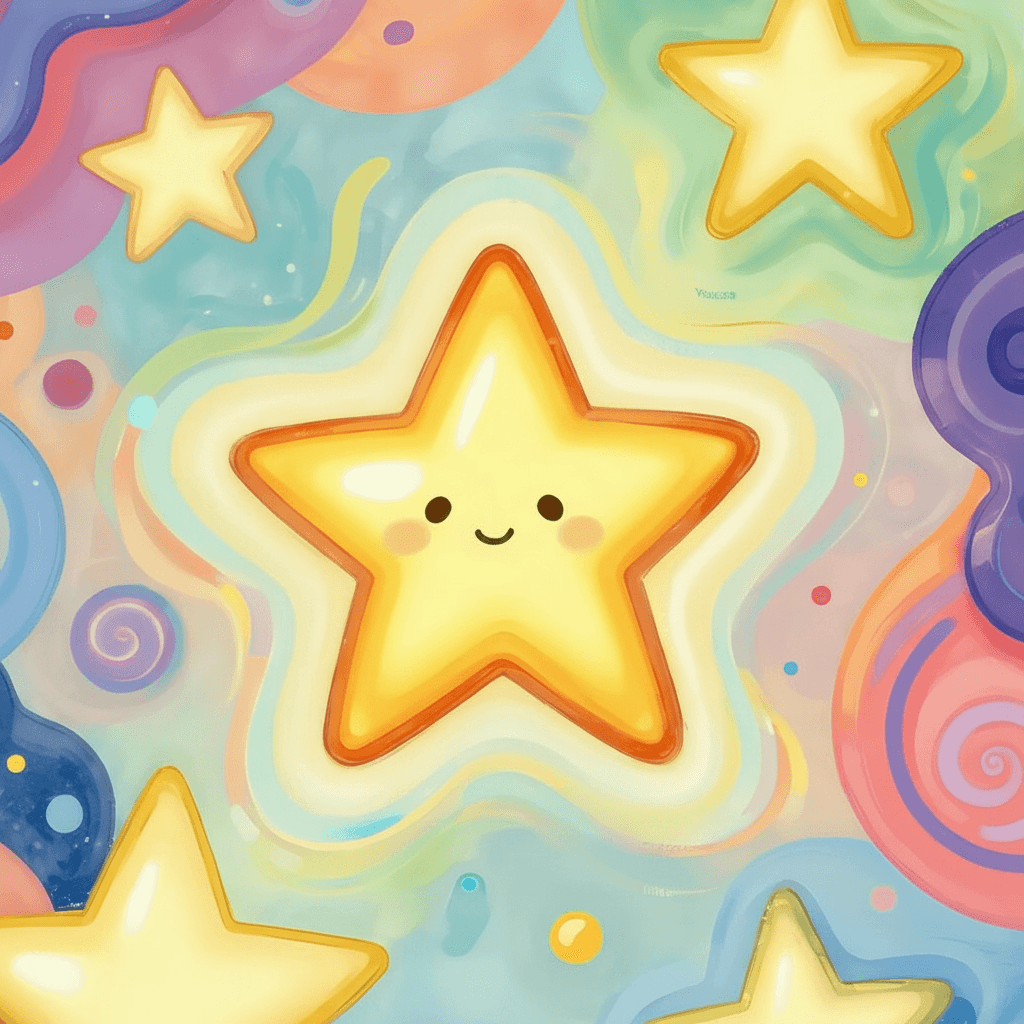 Close-up star wall art: smiling glowing yellow star with pastel swirls and stars