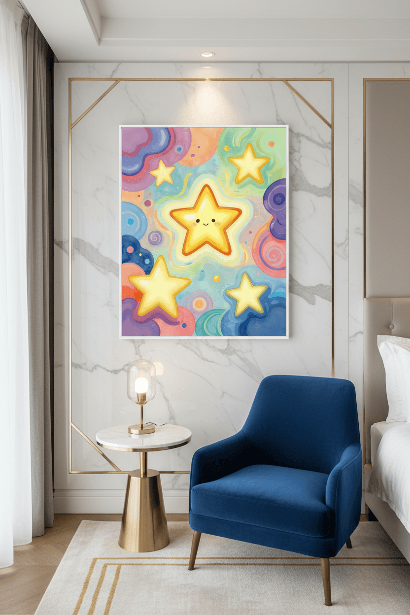 Framed star wall art print with five smiling yellow stars on a colorful sky; oak frame