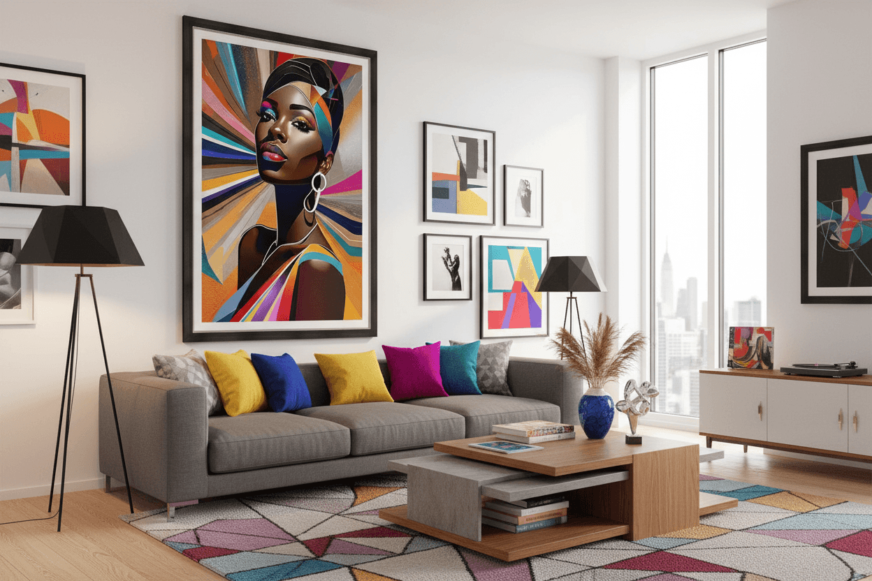 Large framed geometric portrait print with bold multicolor abstract rays