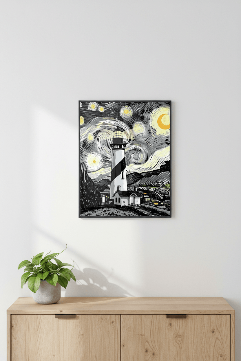 Framed lighthouse wall art with a starry night scene and moon in a swirl-pattern sky.