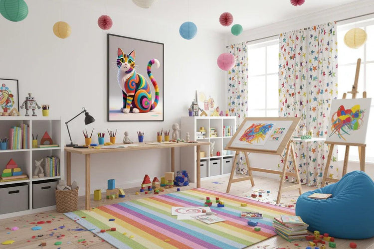 Framed colorful cat wall art in kids playroom, rainbow-swirl curled cat illustration