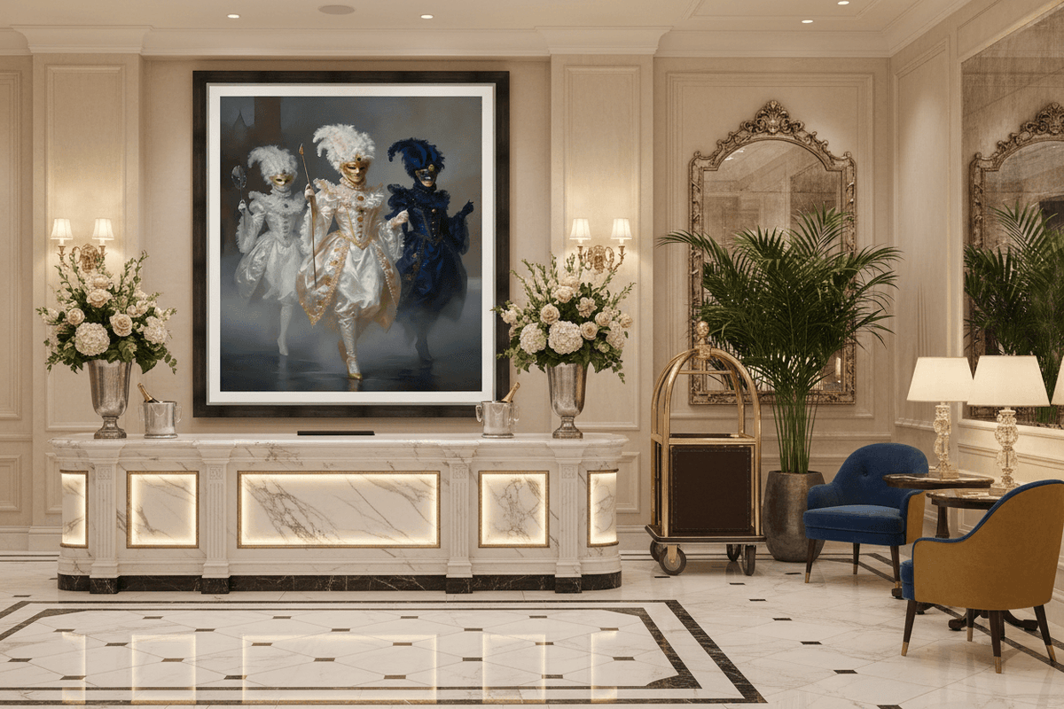 Framed masquerade trio artwork with three masked dancers in white, gold, and blue masks