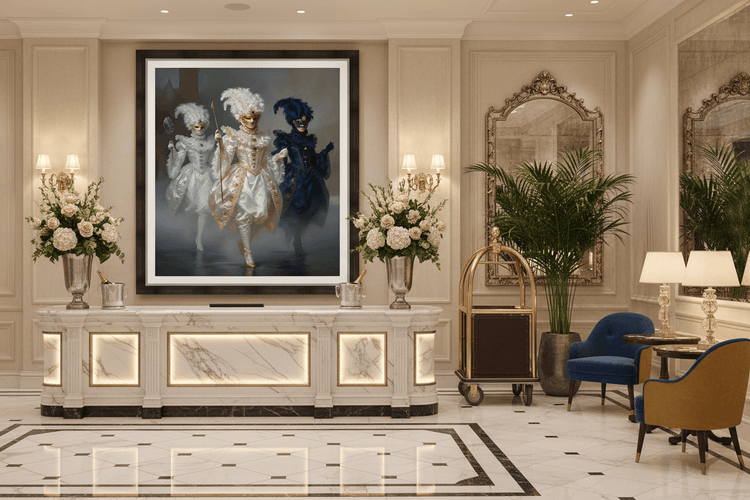Framed masquerade trio artwork with three masked dancers in white, gold, and blue masks