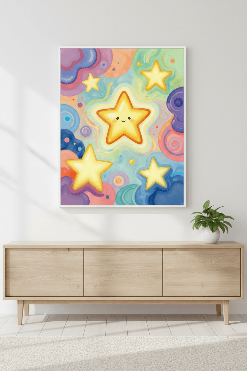 Framed star wall art print with five smiling yellow stars in a colorful sky; white frame