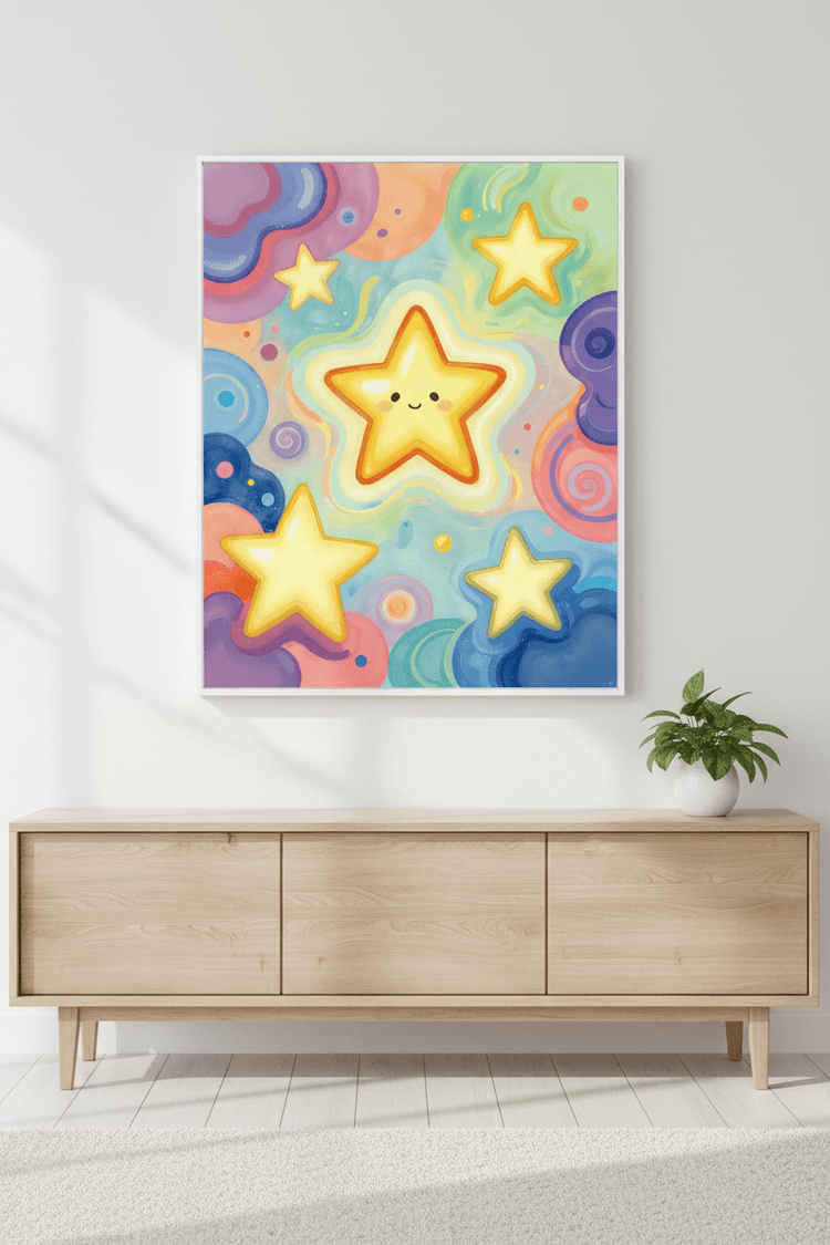 Framed star wall art print with five smiling yellow stars in a colorful sky; white frame