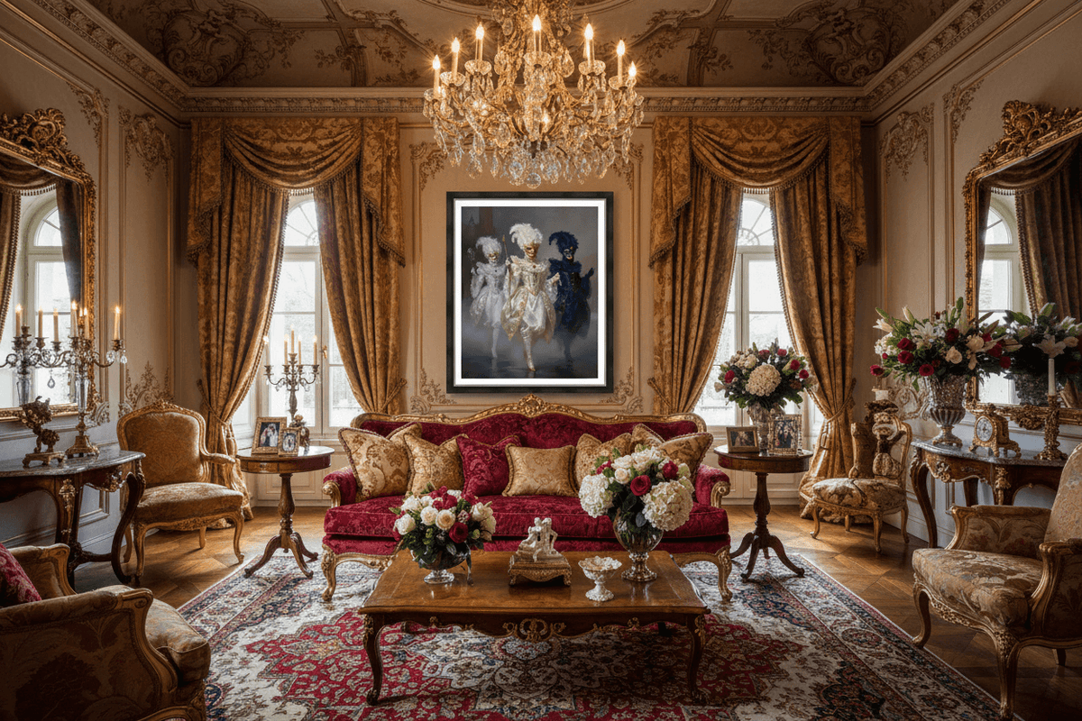 Framed masquerade trio artwork with three masked dancers in white, gold, and blue costumes