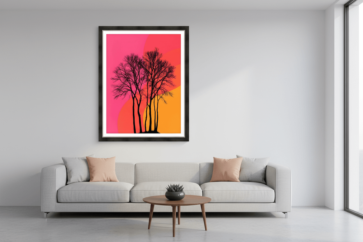 Framed wall art print featuring black tree silhouettes over pink, orange, and red sunset shapes