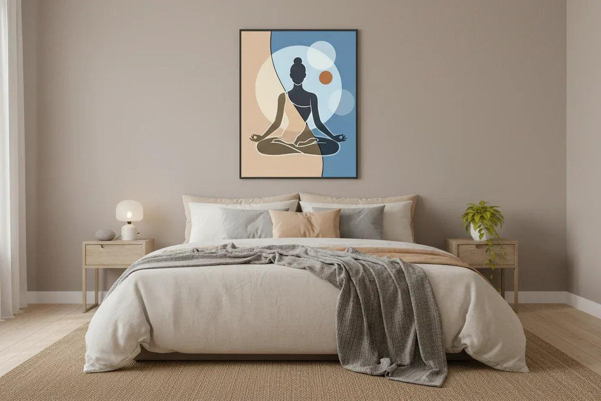 Framed meditation silhouette wall art with a seated female figure on blue and beige background