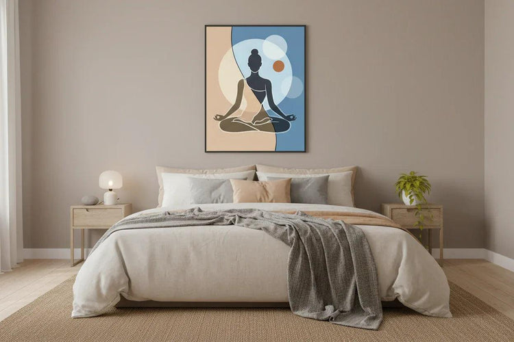 Framed meditation silhouette wall art with a seated female figure on blue and beige background