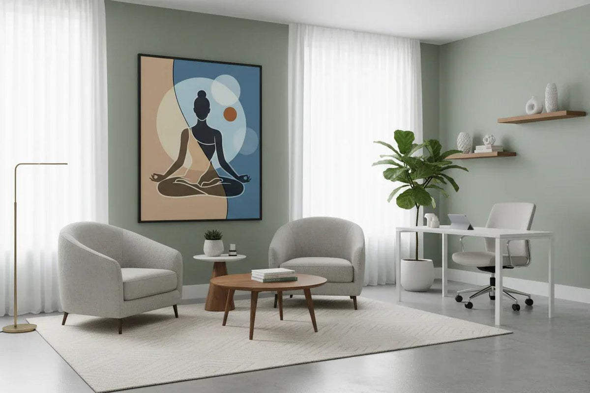 Framed meditation silhouette wall art with a seated woman on blue and beige abstract shapes