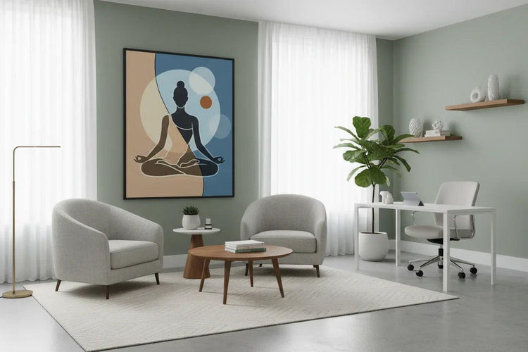 Framed meditation silhouette wall art with a seated woman on blue and beige abstract shapes