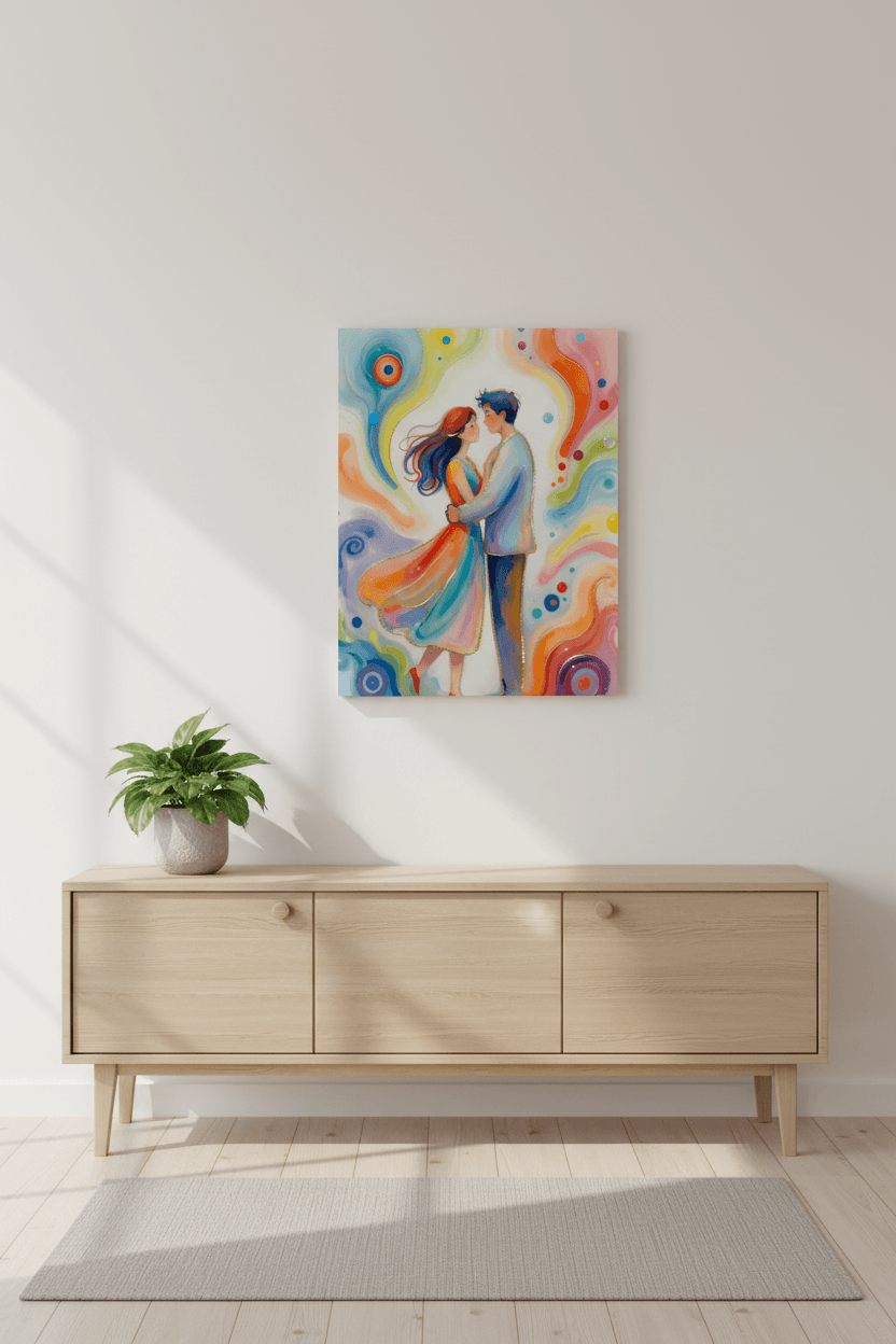 Small canvas print showing a standing couple with red, blue, and orange swirling background