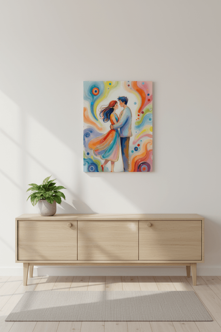 Small canvas print showing a standing couple with red, blue, and orange swirling background
