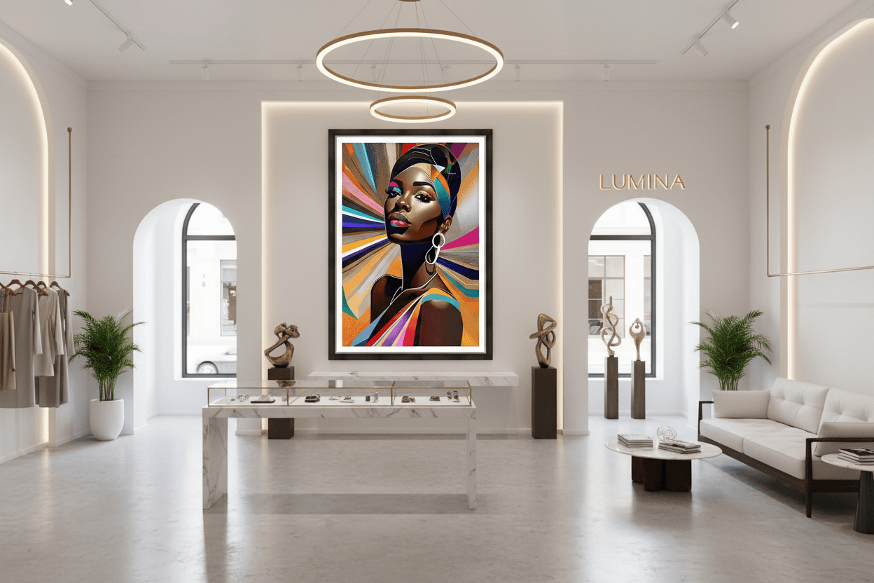 Centered framed geometric portrait artwork with multicolor abstract fan design