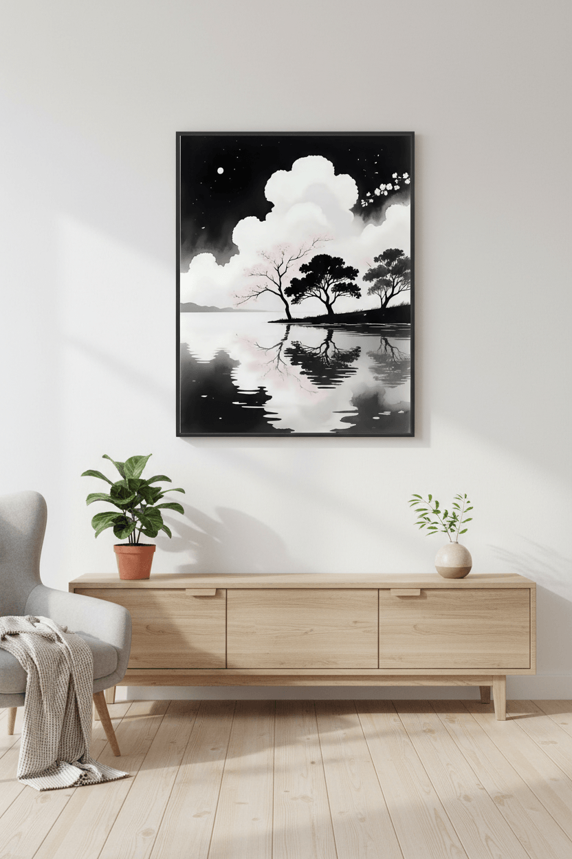 Framed wall art print with moonlit clouds, cherry blossoms, and mirrored lake