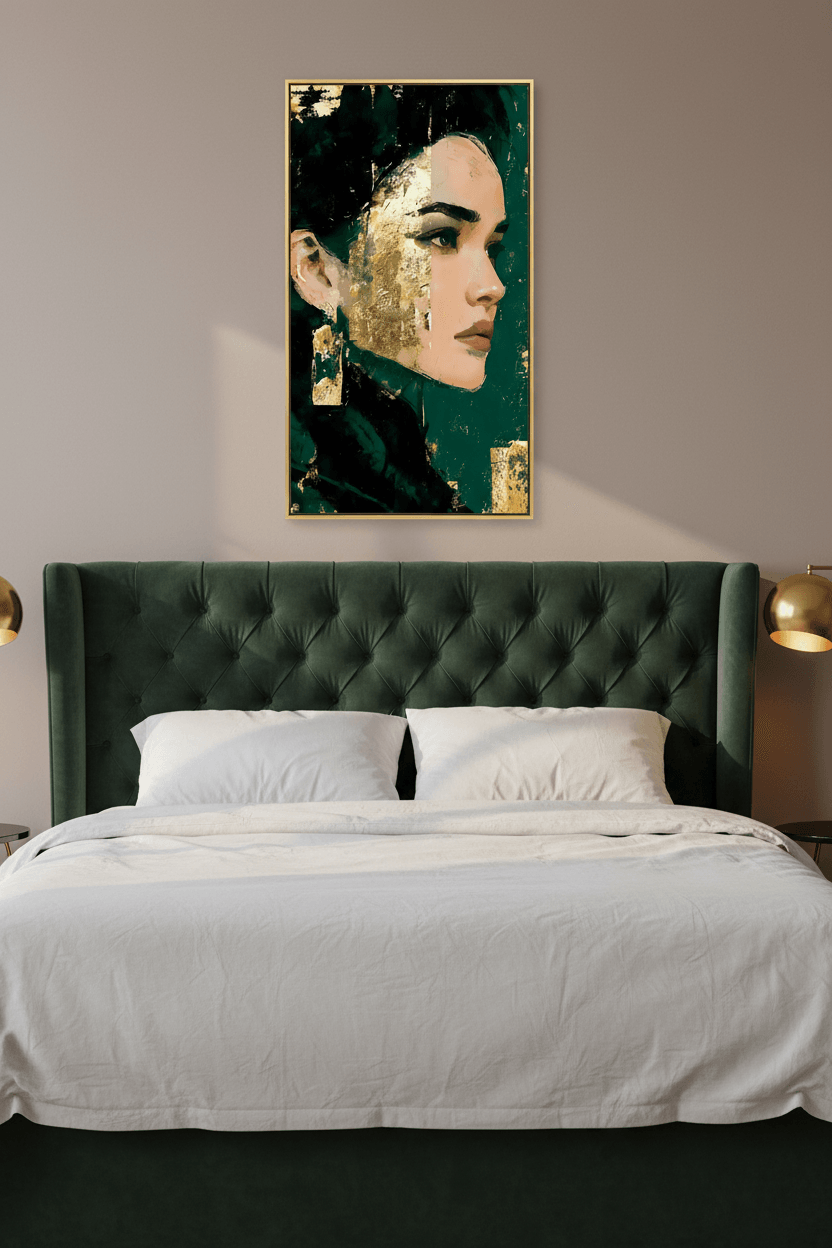 Framed portrait wall art above bed, side-profile face in teal green with gold highlights