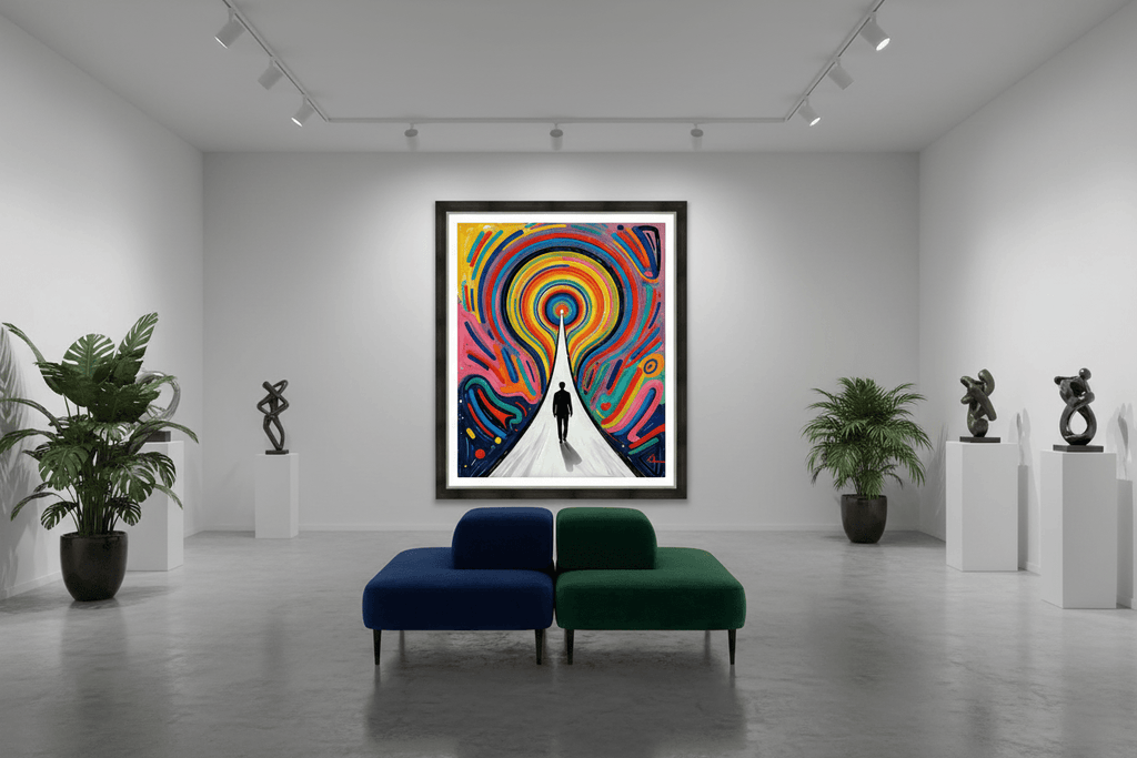 Rainbow vortex framed artwork in a gallery-like room with concentric swirls and silhouetted figure