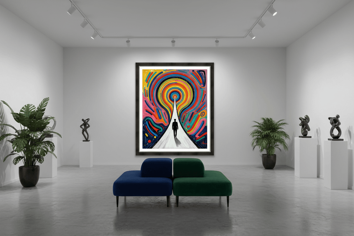 Rainbow vortex framed artwork in a gallery-like room with concentric swirls and silhouetted figure