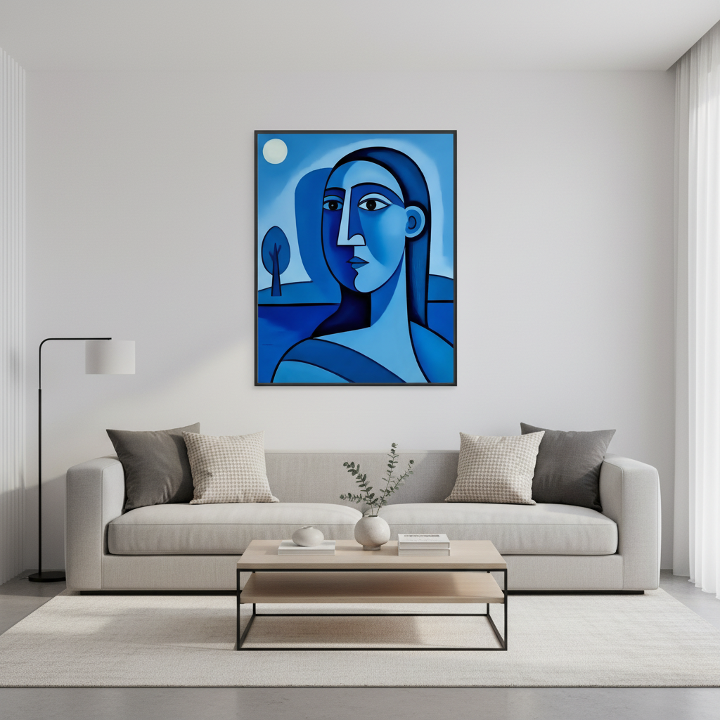 Abstract Blue Portrait - Living Room Mockup