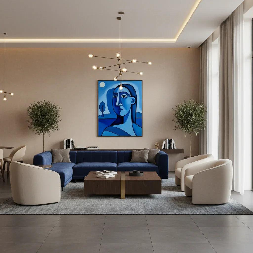 Blue abstract portrait wall art with dark frame centered on the wall in a living room.