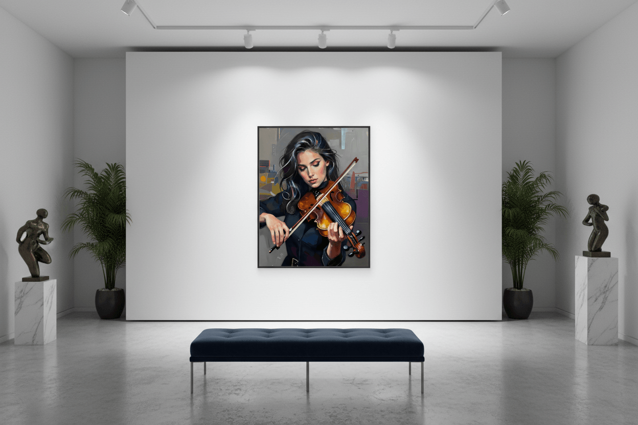 Framed print featuring a young woman playing violin, long dark hair and orange-brown violin