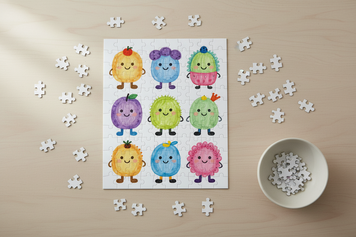 Colorful cartoon fruit 120-piece jigsaw puzzle partly assembled with loose pieces and a bowl on a table