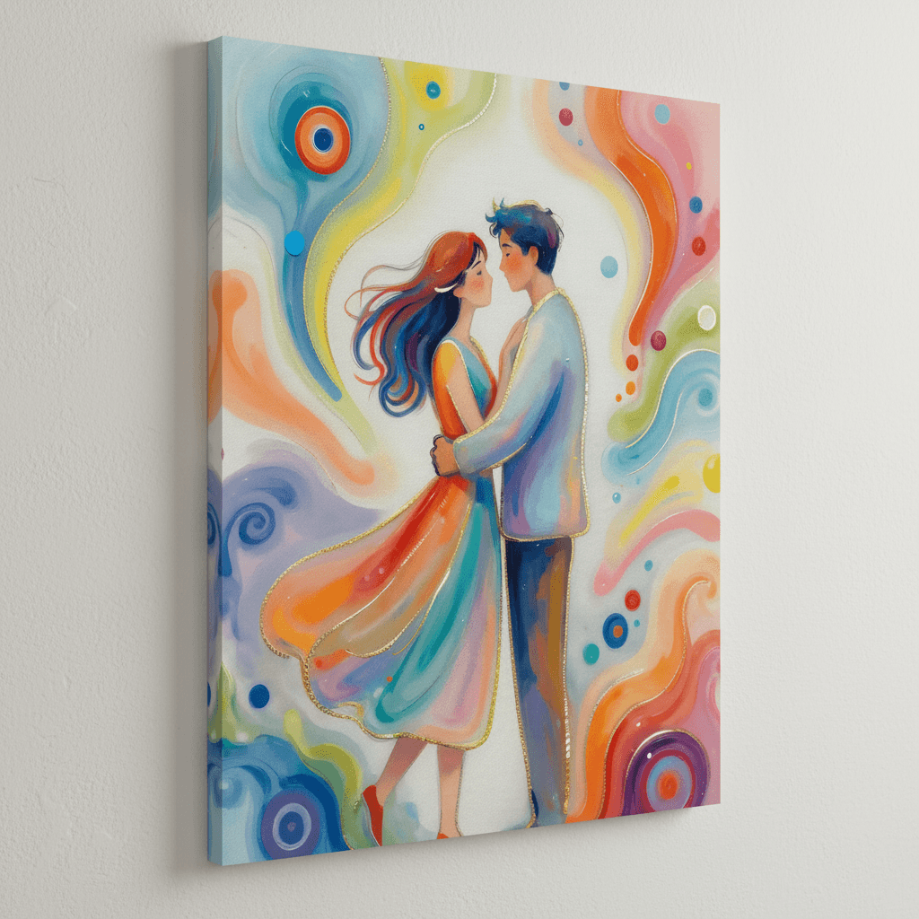 Canvas print of couple facing each other, wearing flowing red, blue, and teal colors