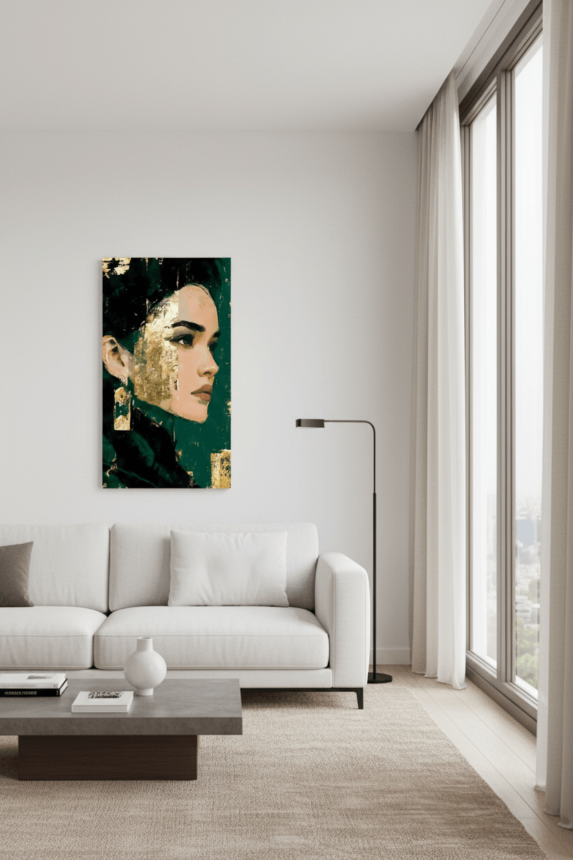 Framed portrait wall art, small vertical canvas with side-profile face in teal and gold