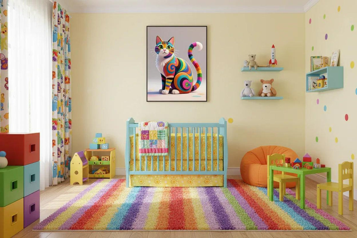 Framed colorful cat wall art above crib, rainbow-swirl curled cat illustration