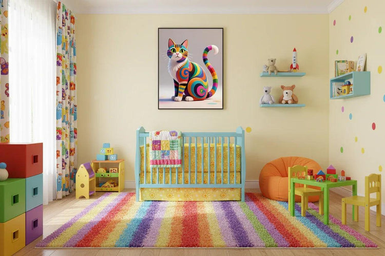 Framed colorful cat wall art above crib, rainbow-swirl curled cat illustration