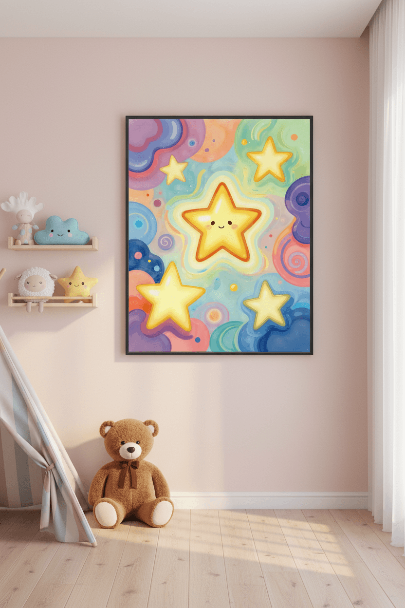 Framed wall art print with smiling stars and rainbow swirls, black frame, yellow center star.