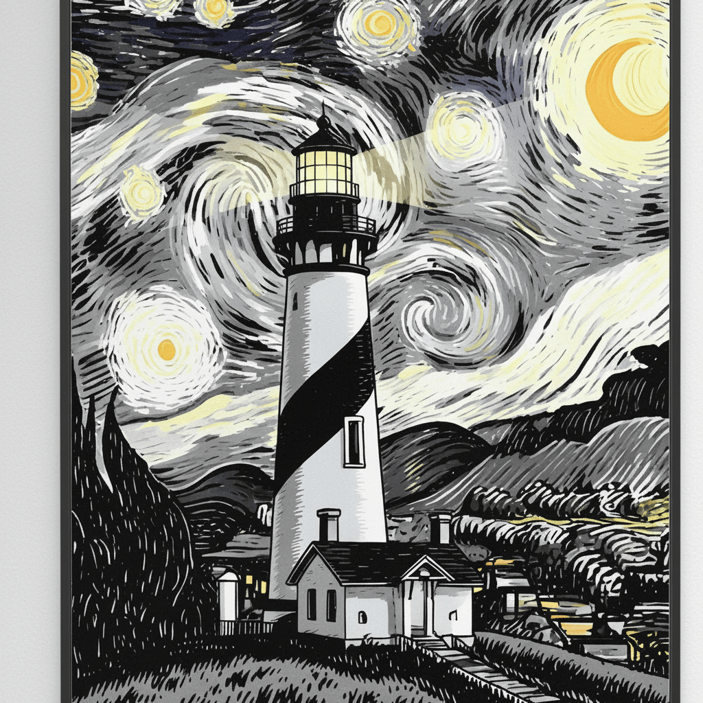 Lighthouse illustration print, starry sky with swirling clouds, black frame