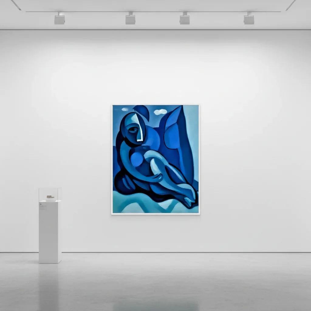 Abstract blue figure painting in a light border, featuring curled limbs and cloud-like highlights.