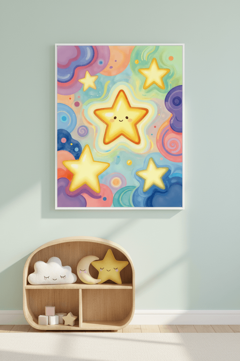 Framed star wall art print with five smiling yellow stars on a colorful sky; light frame