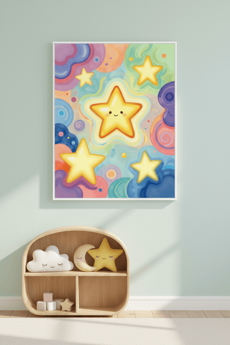Framed star wall art print with five smiling yellow stars on a colorful sky; light frame