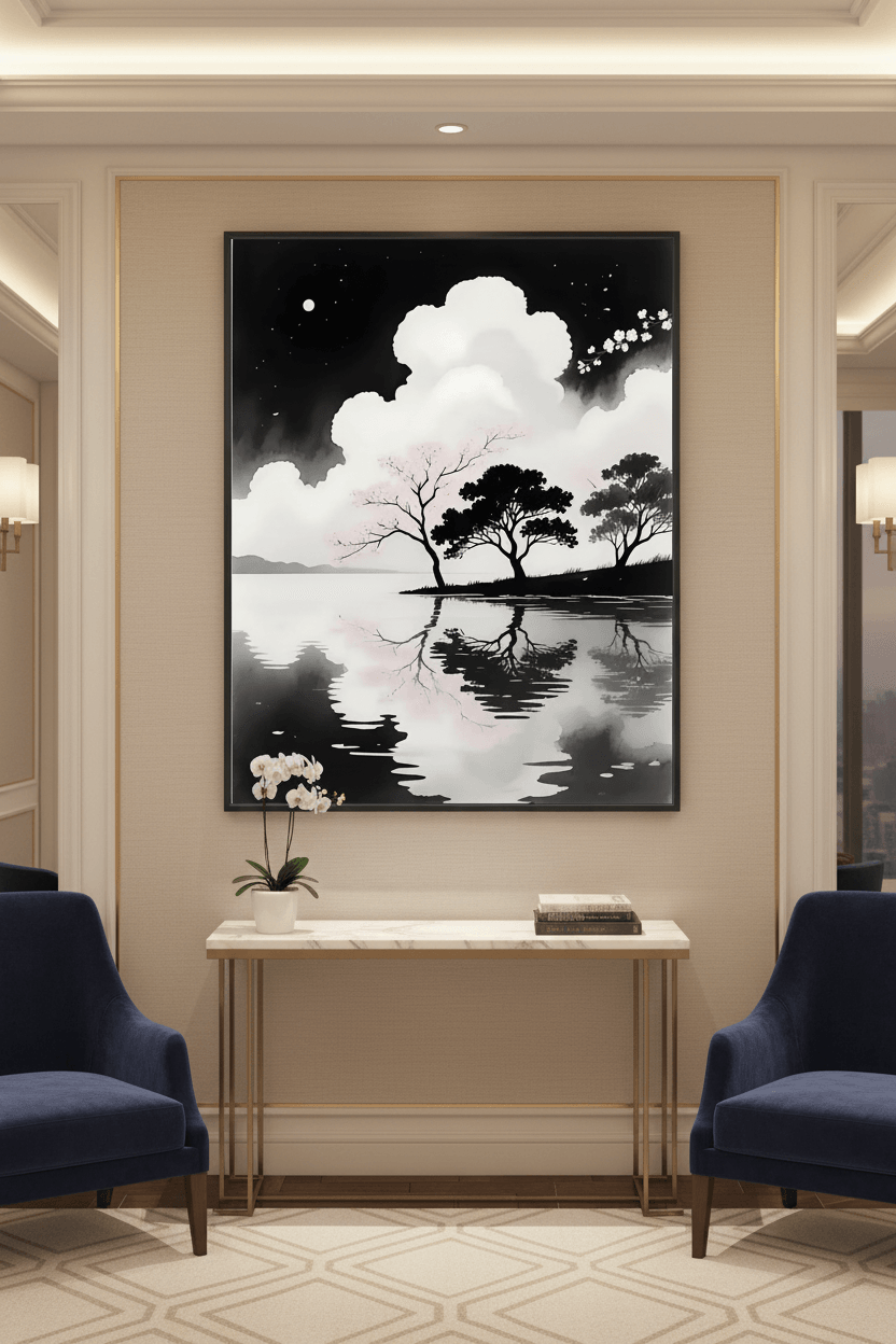 Framed wall art print with black sky, cherry blossoms, and calm mirrored lake