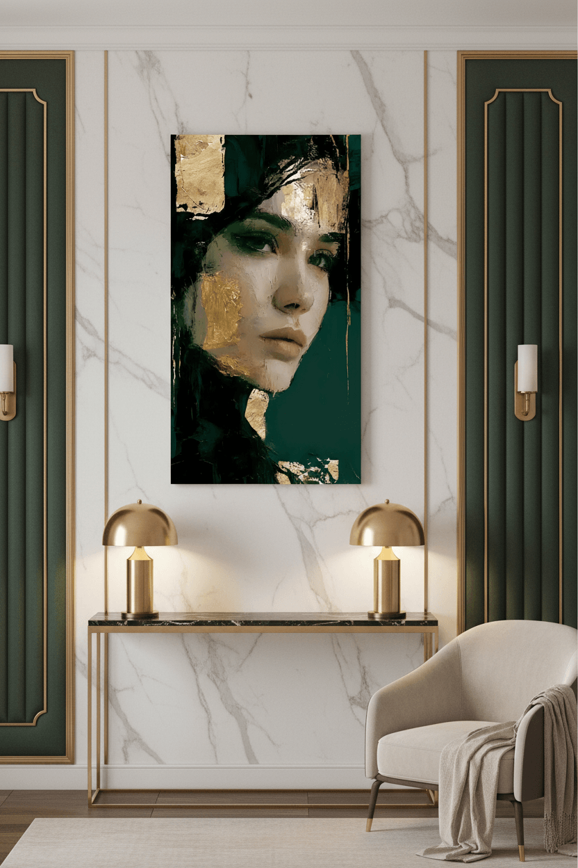 Framed vertical wall portrait of a woman's face in gold leaf and dark green textures.